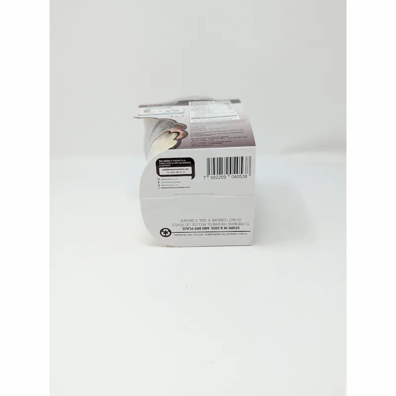 Bottom view of don'tworry Cookies and Cream Meringues on white background including barcode