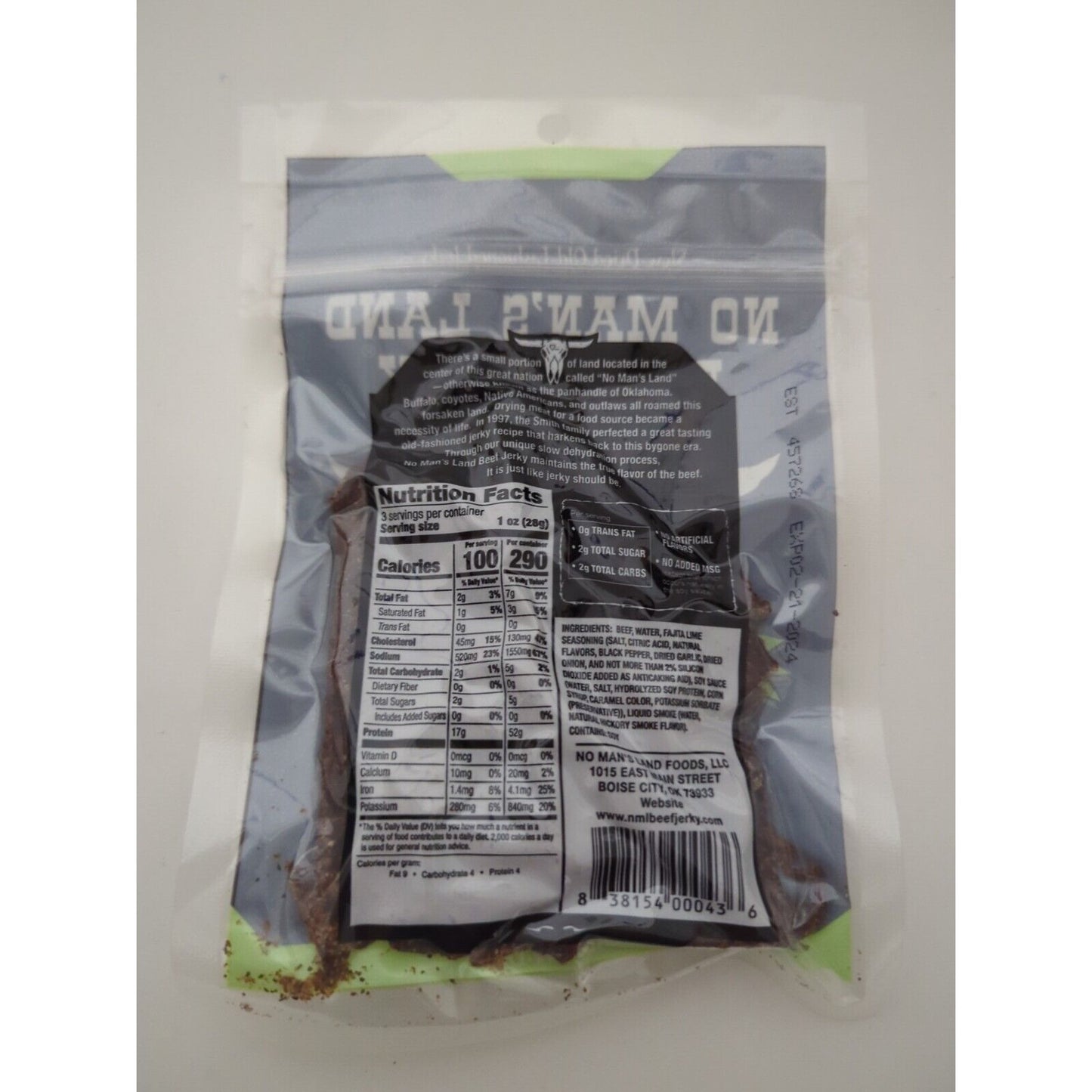 No Man's Land Fajita Lime Beef Jerky 3 Ounce Package