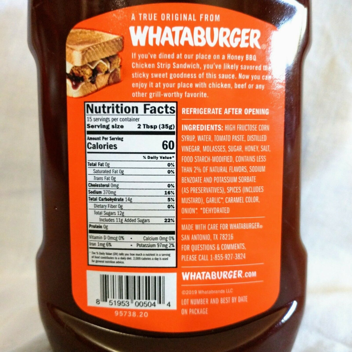 Whataburger Honey BBQ Sauce 19 Oz. Squeeze Bottle