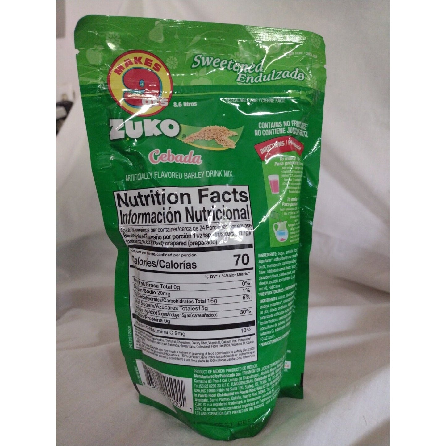Zuko Cebada (Strawberry) Barley Drink Mix 14.1 Ounce Resealable Bag