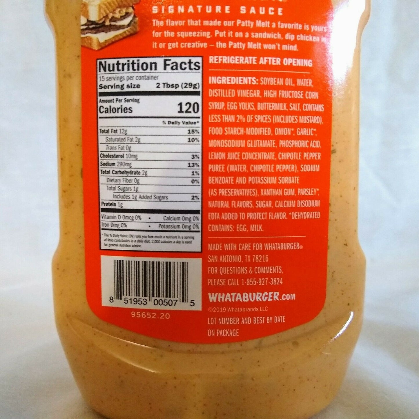 Whataburger Creamy Pepper Patty Melt Sauce 15.5 Oz. Squeeze Bottle