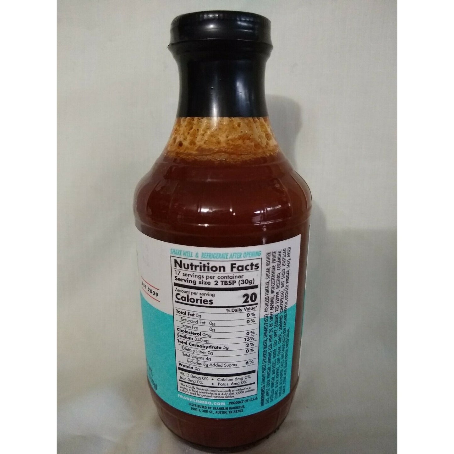 Franklin Barbecue Vinegar BBQ Sauce 18 Oz Glass Bottle