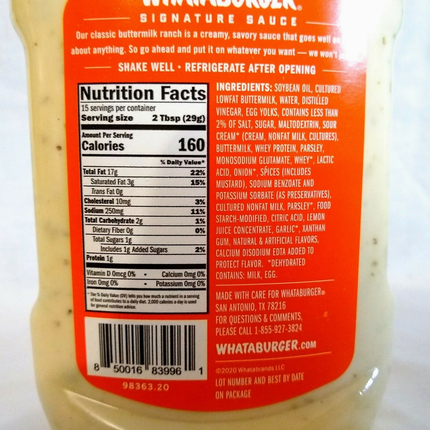 Whataburger Creamy Buttermilk Ranch 16 Oz. Squeeze Bottle