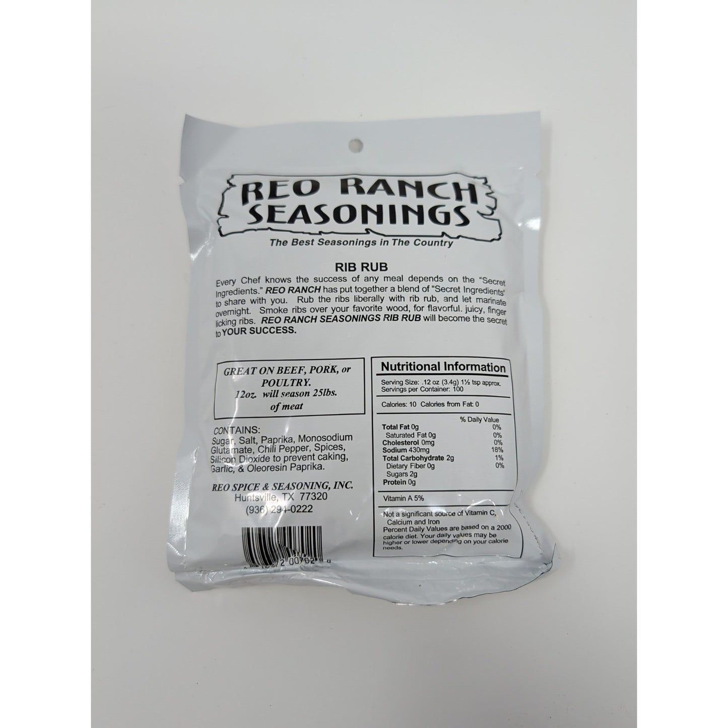 REO Ranch Seasonings Rib Rub 12 Ounce Packet