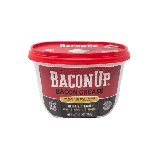 Front view of a 14 ounce tub container of Bacon Up Bacon Grease, featuring a red lid with white and black text on a white background.