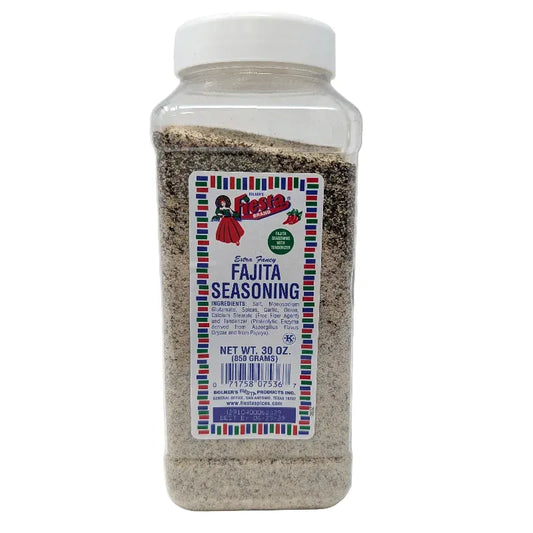 Front view of a 30 oz clear plastic jar of Fajita Seasoning by Bolner's Fiesta, featuring a white cap and a colorful label with illustrations of a woman and peppers and ingredients list, set against a plain white background.