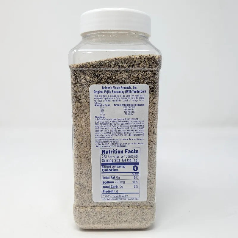 Rear view of a 30 oz clear plastic jar of Fajita Seasoning by Bolner's Fiesta, featuring cooking instructions and Nutrition Facts, set against a plain white background.