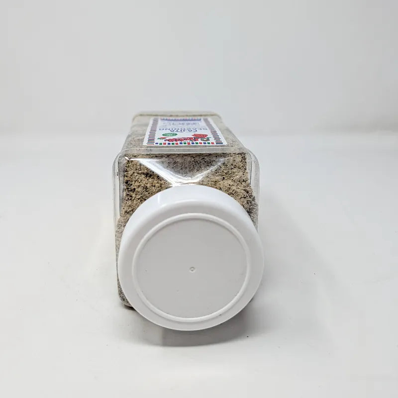 Top view of a 30 oz clear plastic jar of Fajita Seasoning by Bolner's Fiesta, featuring a white cap and a colorful label with illustrations of a woman and peppers, set against a plain white background.