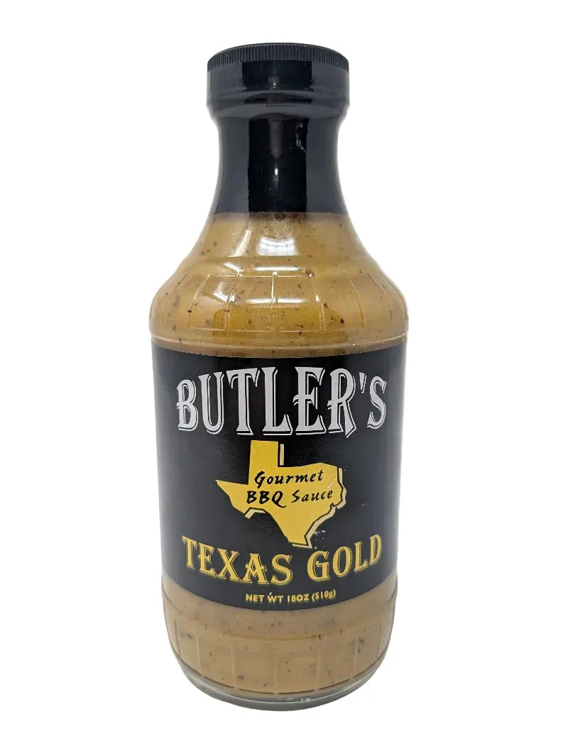 Front view of a bottle of Butler's Texas Gold Gourmet BBQ Sauce on a plain white background. The bottle is filled with a golden-brown sauce and features a black label with white and yellow text.