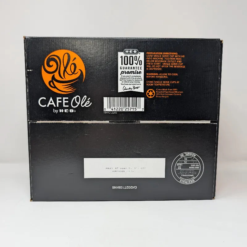 Bottom view of Cafe Ole by HEB Houston Blend coffee box, a Texas-size pack of 100 K-Cups, featuring a black and orange design.