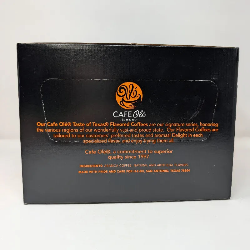 Side view of Cafe Ole by HEB Houston Blend coffee box, a Texas-size pack of 100 K-Cups, including ingredients.
