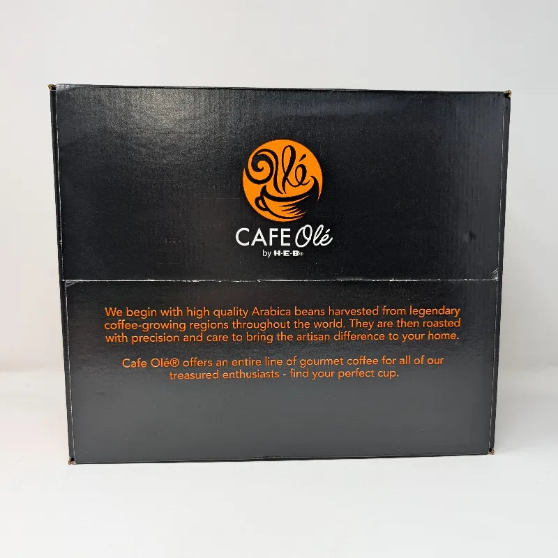 Top view of Cafe Ole by HEB Houston Blend coffee box, a Texas-size pack of 100 K-Cups, featuring a black and orange design.
