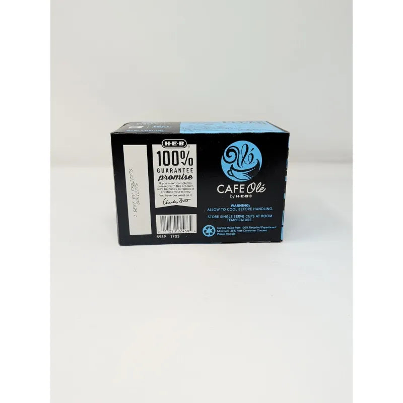 Bottom view of a 12 count box of Cafe Ole Texas Pecan K-Cups featuring a blue and black design on a plain white background.