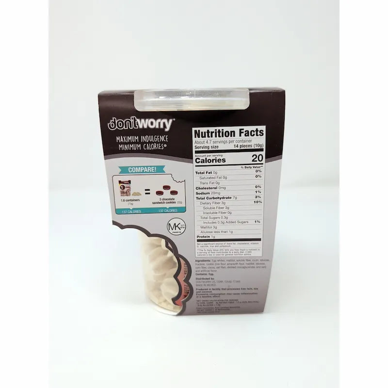 Rear view of don'tworry Cookies and Cream Meringues on white background