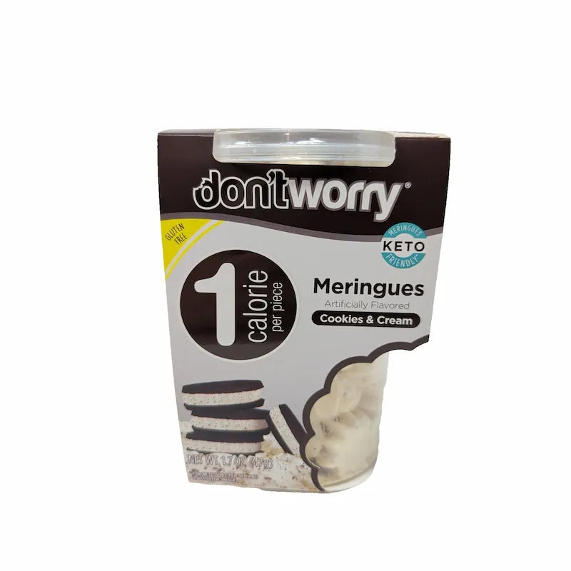 Front view of don'tworry Cookies and Cream Meringues on white background