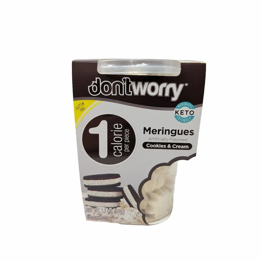 Front view of don'tworry Cookies and Cream Meringues on white background