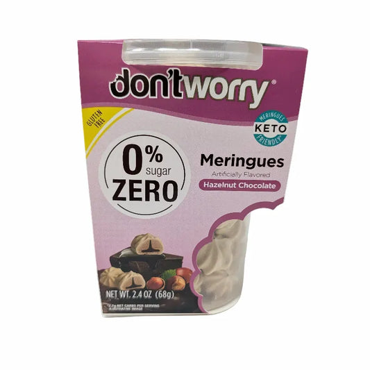 Front view of a package of Don't Worry Meringues in Hazelnut Chocolate flavor, featuring a pink and purple container with a clear window showing the meringues inside.