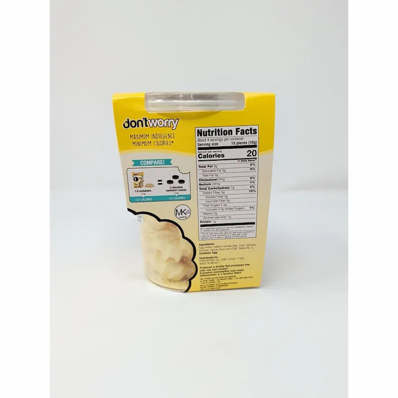 Rear view with nutrition facts of packaging of vanilla meringues with 'don'tworry' branding on a white background