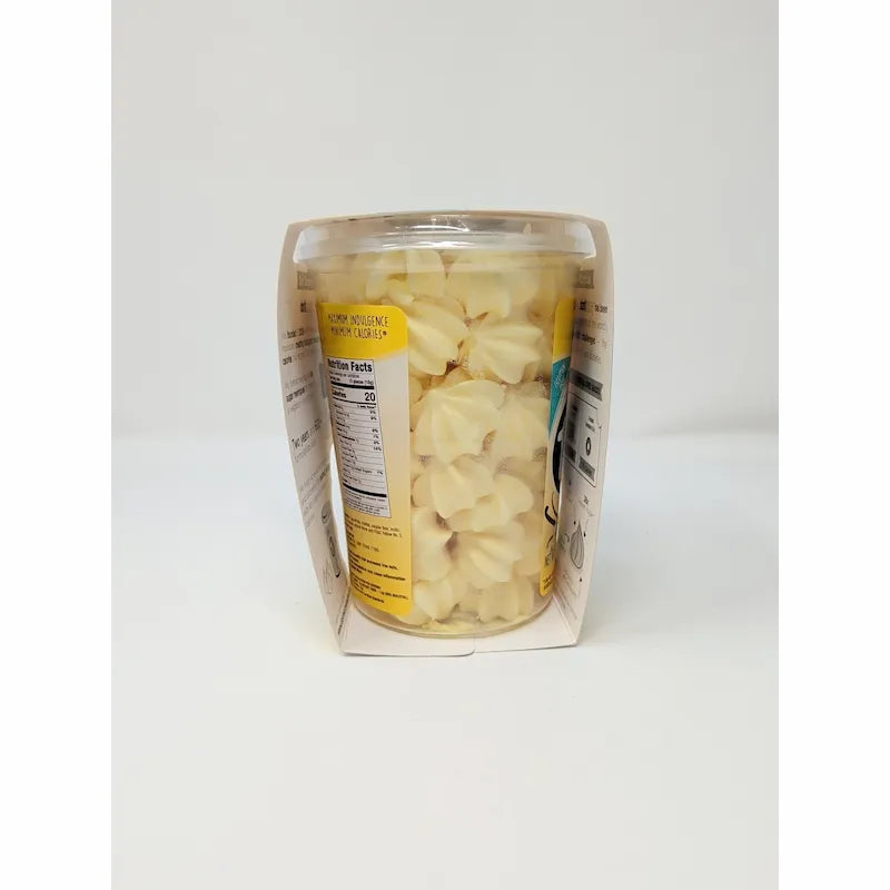 Side view of packaging of vanilla meringues with 'don'tworry' branding on a white background