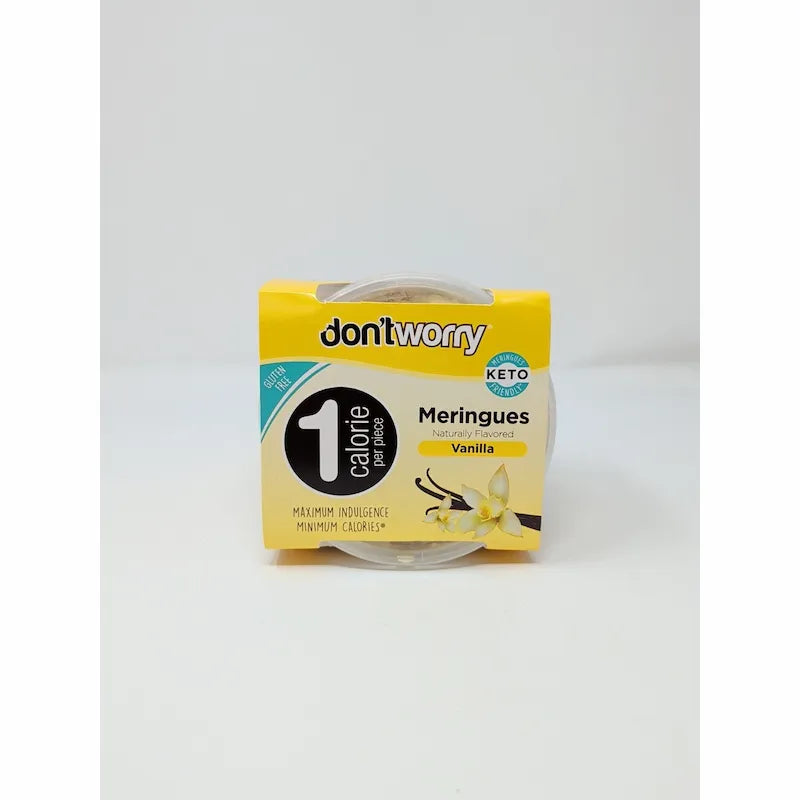 Top view of packaging of vanilla meringues with 'don'tworry' branding on a white background