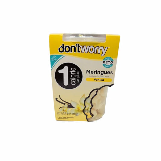 Front view of packaging of vanilla meringues with 'don'tworry' branding on a white background