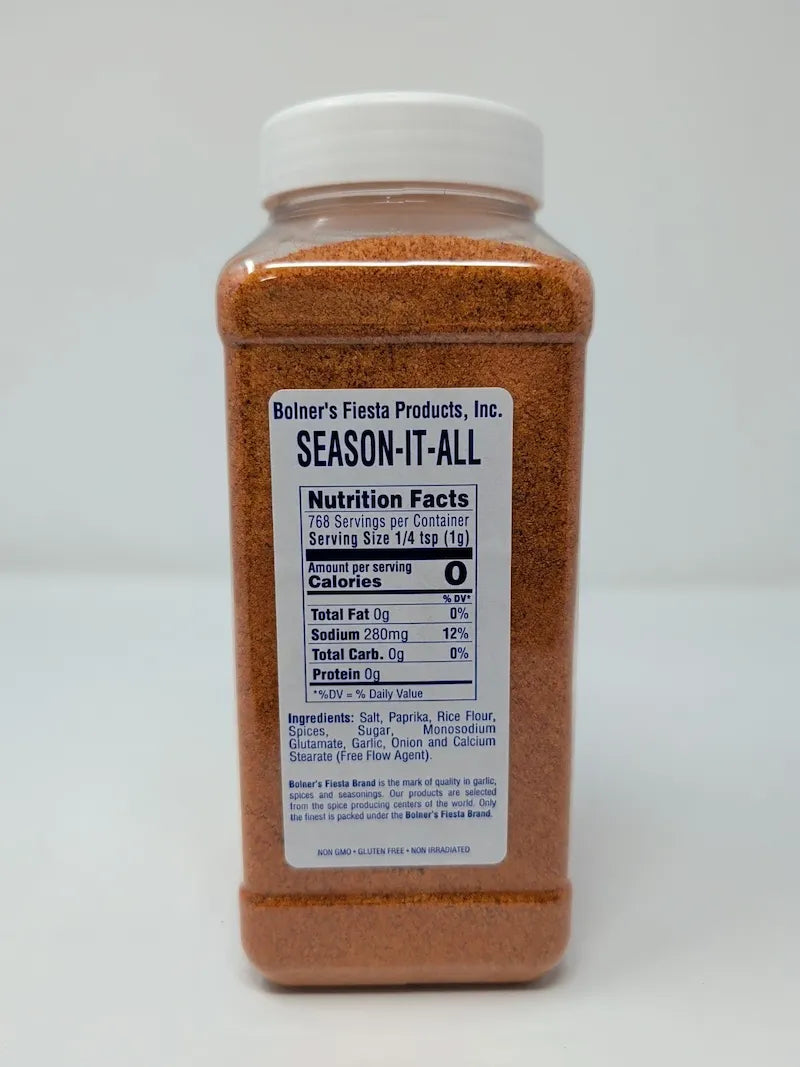 Back view of 32 ounce restaurant container of Bolner's Fiesta Season It All including Nutrition Facts and ingredients list on a white background