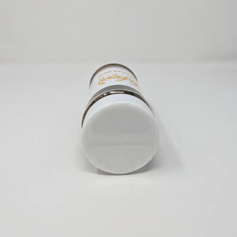 Top view of a clear plastic spice jar filled with dark brown all-purpose rub, featuring a white label with gold lettering that reads 'Goldee's Bar-B-Q' and 'ALL-PURPOSE RUB'. The jar has a white plastic lid and is photographed on a solid white background.