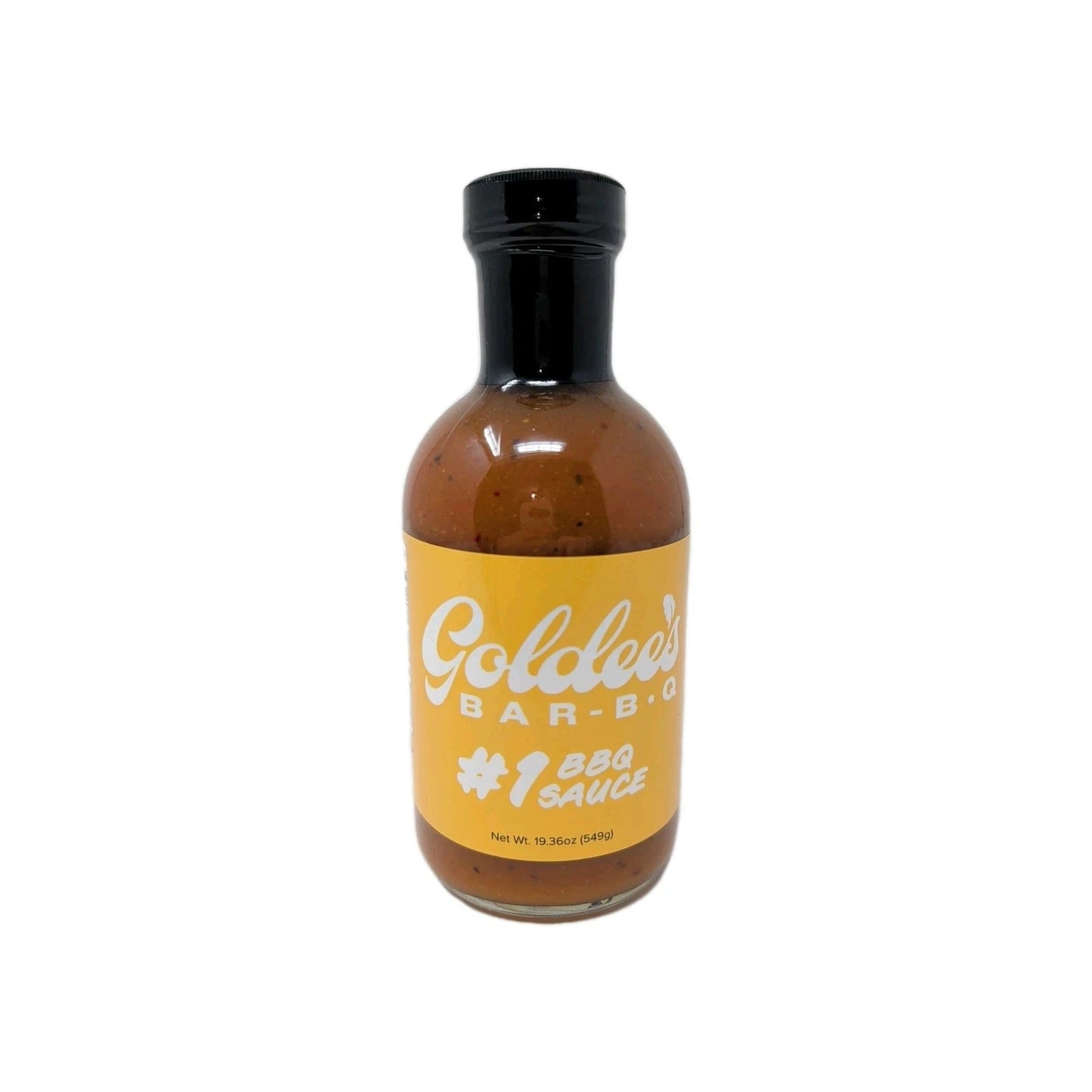 Bottle of Goldie's Bar-B-Q BBQ Sauce front view on a white background