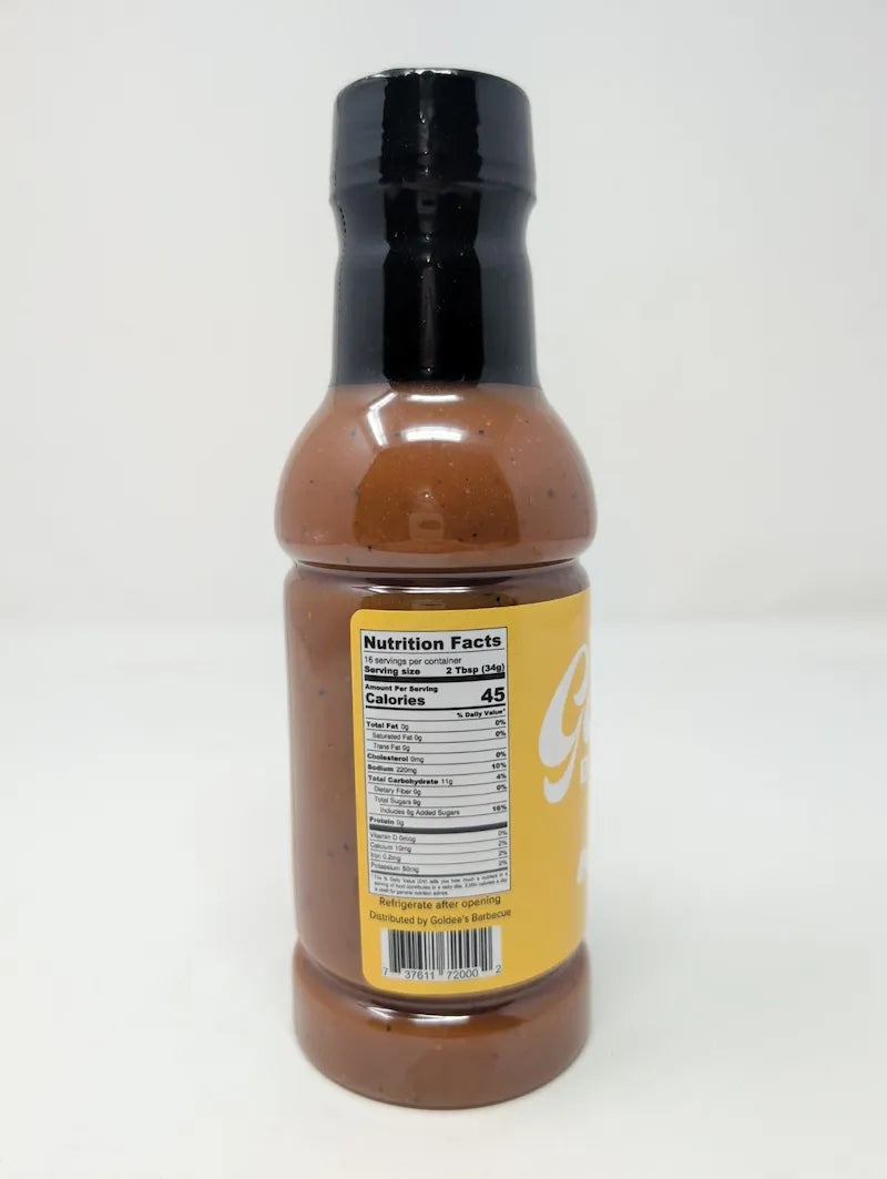 Side view of bottle of Goldie's Bar-B-Q Sauce with Nutrition Facts on a white background
