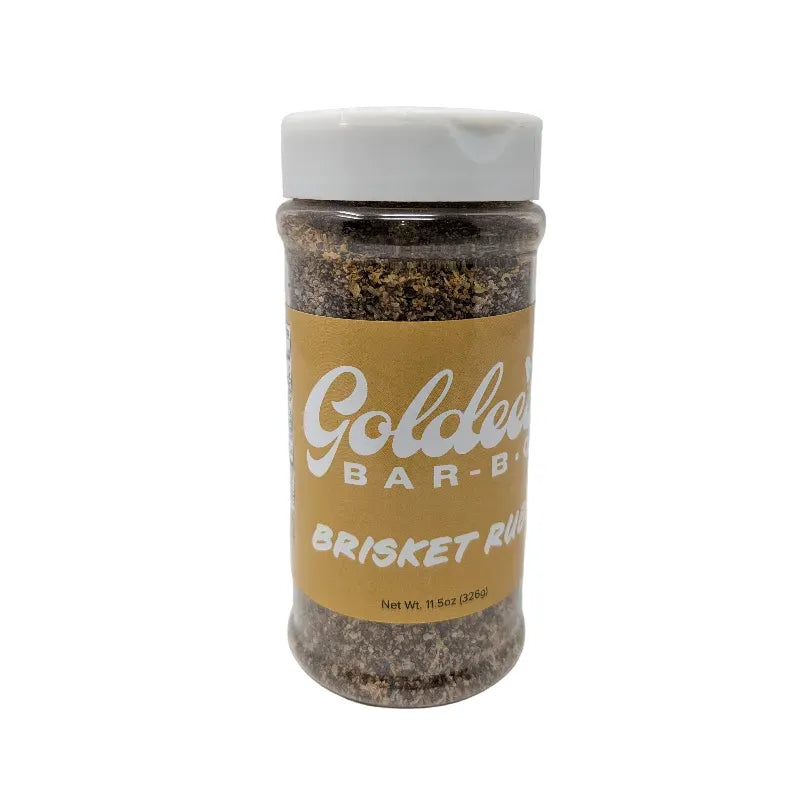 Front view of a shaker of Goldee's Bar-B-Q Brisket Rub  featuring a yellow label with white text and a white cap on a white background.