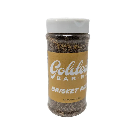 Front view of a shaker of Goldee's Bar-B-Q Brisket Rub  featuring a yellow label with white text and a white cap on a white background.