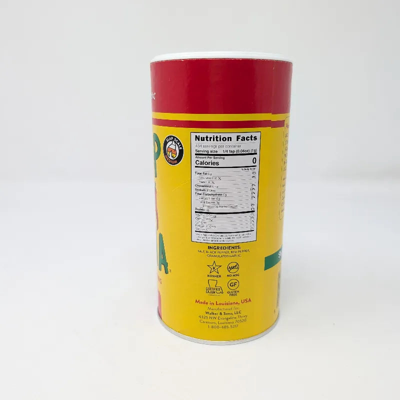 Side view of a 16 ounce shaker container of Slap Ya Mama seasoning featuring Nutrition Facts and ingredients list on a white background.