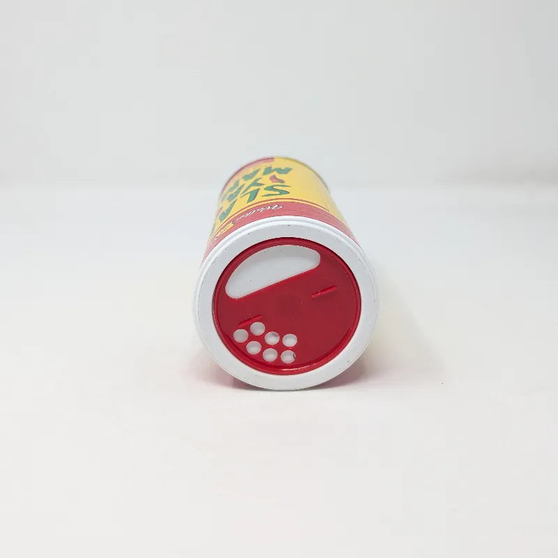 Top view of a 16 ounce shaker container of Slap Ya Mama seasoning featuring red and yellow label with Slap Ya Mama written in green text on a white background.