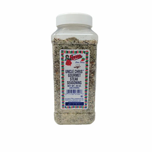 Front view of Uncle Chris Gourmet Steak Seasoning in a clear plastic shaker bottle with a white cap, on a white background.