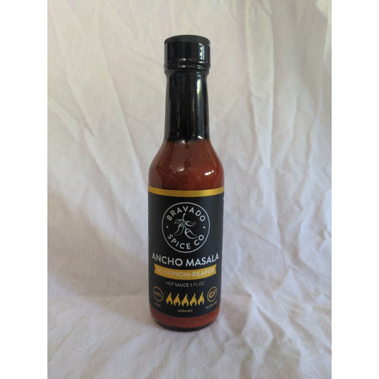 Bravado Spice Co Ancho Masala Scorpion Reaper Hot Sauce 5 Ounce Glass Bottle