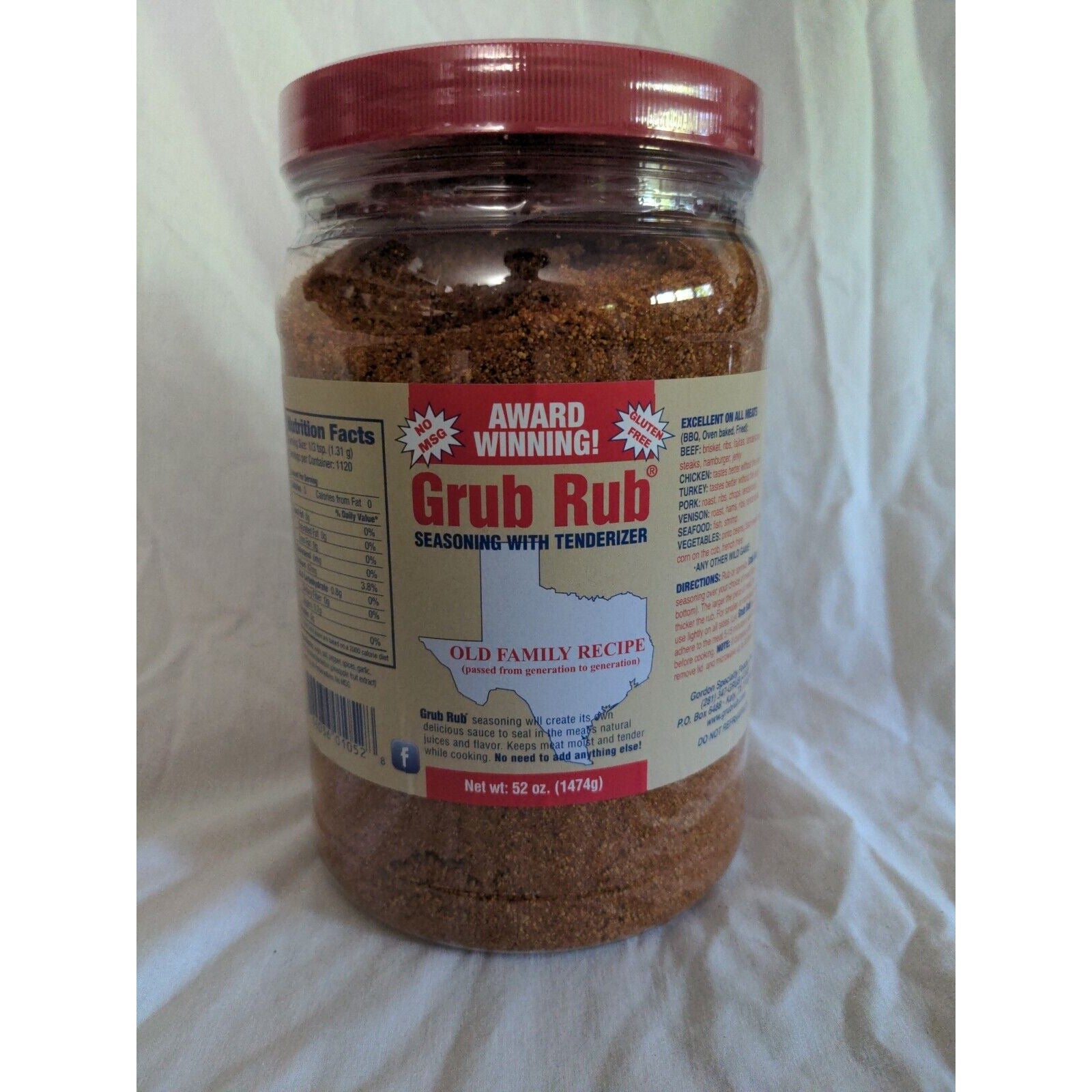 Gordon Specialty Foods Grub Rub Seasoning With Tenderizer 52 Ounce Jug
