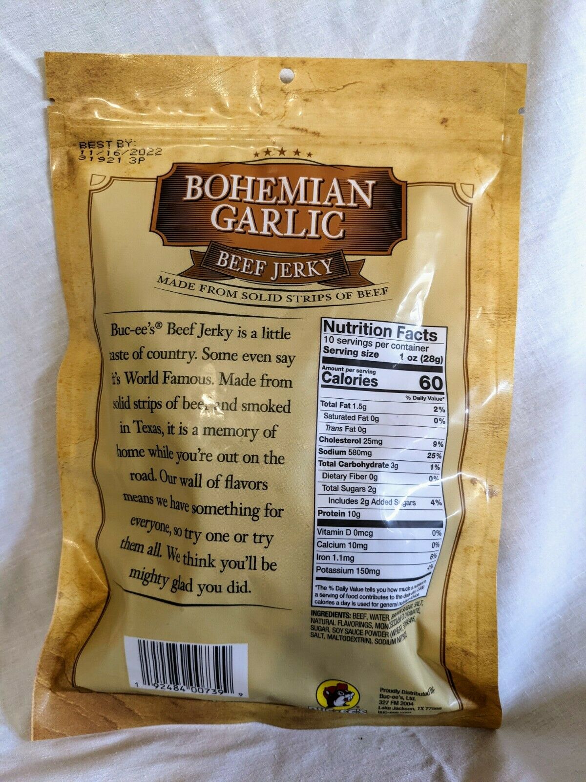 Buc-ee's Hill Country Brand Bohemian Recipe Garlic Beef Jerky 10 Ounce Bag